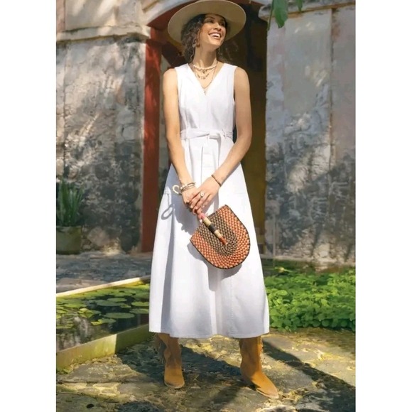 Sundance Dresses & Skirts - Sundance White V‑Neck Sleeveless Tie‑Waist Midi Dress